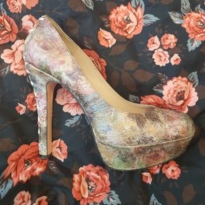 Betsey Johnson Pink Metallic Floral Lace Up Platform Heels